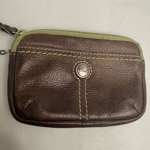Fossil Leather Brown Green Women's Coin Purse Wallet w/ Keyring EUC - Picture 4 of 14